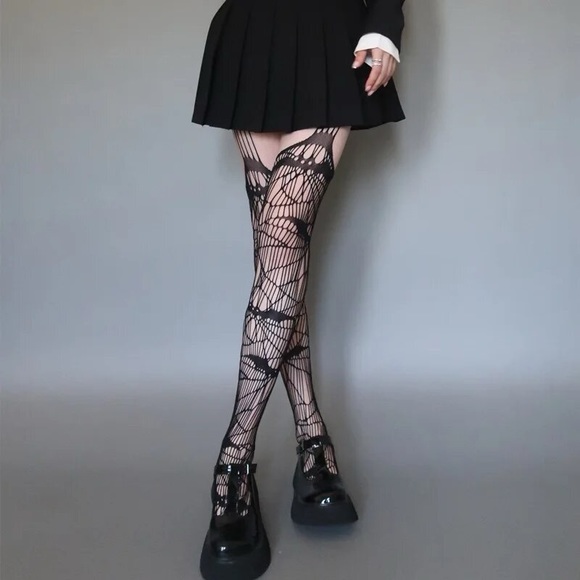 NWT spider web fishnet tights open crotch bat gothic punk edgy black stockings - Picture 4 of 12